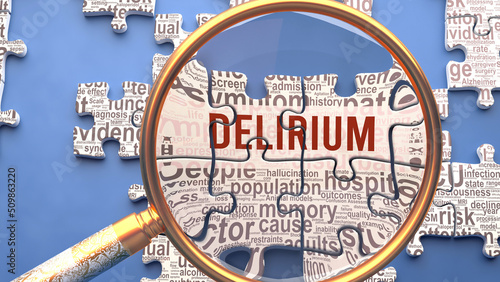 Delirium as a complex and multipart topic under close inspection. Complexity shown as matching puzzle pieces defining dozens of vital ideas and concepts about Delirium,3d illustration