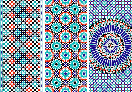 Arabic Mosaic Zellige Colorful Vector. Red, blue and green colors. Seamless