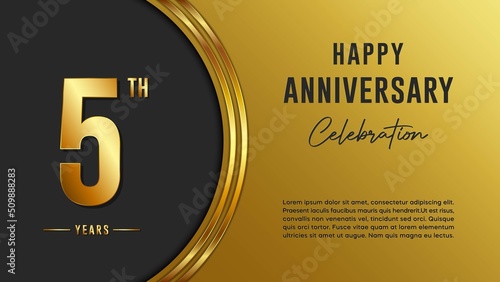 5th anniversary logo with gold color for booklets, leaflets, magazines, brochure posters, banners, web, invitations or greeting cards. Vector illustration.