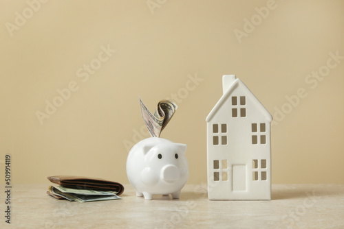 Home budget planning. Cost of living. Inflation concept. Concept of saving money for buying new house. Piggy bank, wallet with dollar banknotes and model of house. 