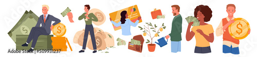 Happy rich people with lot of money set vector illustration. Cartoon wealthy millionaire characters sitting on big heap of dollars, holding credit card, watering plant with coins. Investment concept