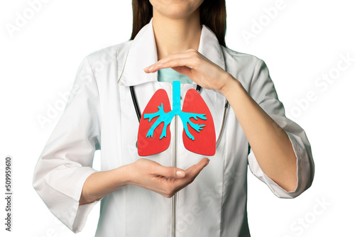 Female doctor holding virtual Lungs in hand. Healthcare hospital service concept stock photo
