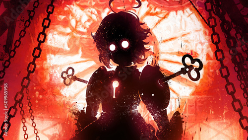 A black blob silhouette of a doll girl, she is like a creepy revived dead man with glowing round eyes, wind-up keys in her shoulders and a keyhole in her chest, a window with mechanisms behind. 2d art