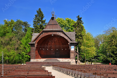 Wooden bandstand in Ciechocinek, Kuyavian-Pomeranian Voivodeship, Poland.