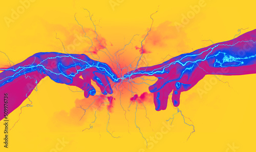 Pink and blue vaporwave style and marbled reaching hands digital concept illustration charged electrically and sparking thunder fingers on bright yellow cloudy sky.