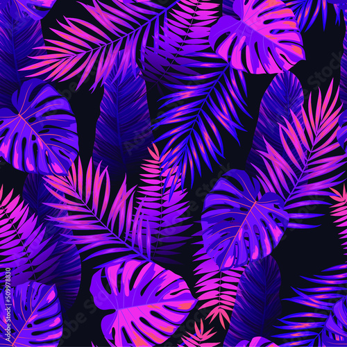 Exotic tropical vector background with hawaiian plants. Seamless violet purple tropical pattern with monstera and palm leaves.