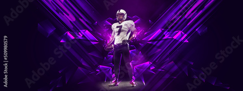 Bright poster with american football player standing isolated on dark background with purple polygonal and fluid neon elements. Art, creativity, sport