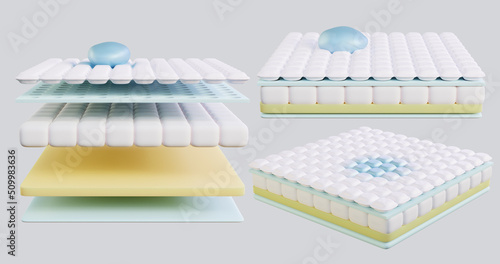 3d illustration of absorption composition, inside, frame of blue drops, liquid, gel in white fabric, membrane, mesh, pores, foam layer, cotton wool, fiber, cotton, bamboo, pvc, absorbent layer,