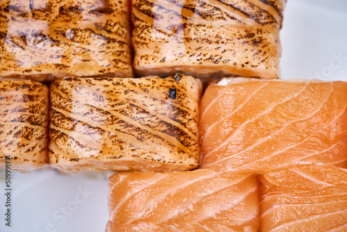 Grilled and partially raw salmon sushi roll