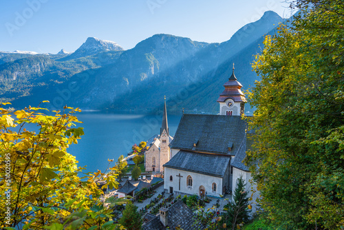 Special view on Hallstatt in summer, Salzkammergut, Austria with sunrays