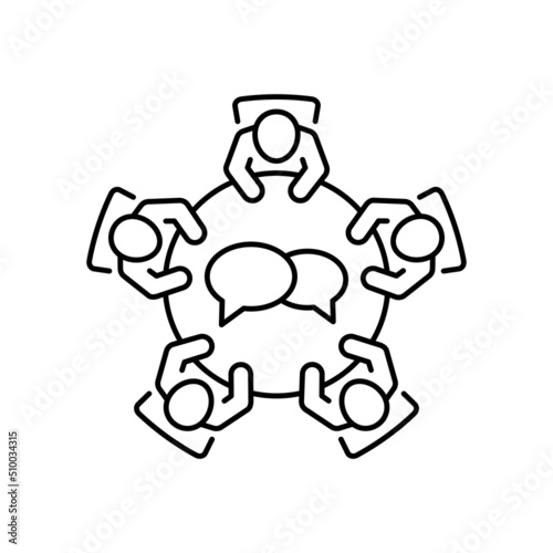 Brainstorming and teamwork icon. Business meeting. Discussion group. Debate team. Group of people sitting around a table working together on new creative projects.