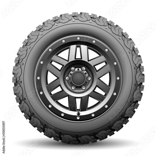 Realistic car wheel offroad black metal rubber on white background vector