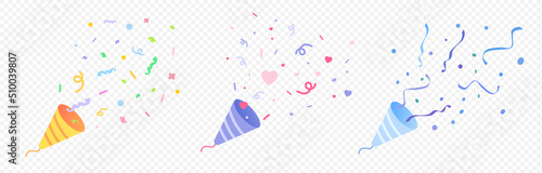 cute party popper illustration set. confetti, explosion, firecracker, celebration. Vector drawing. Hand drawn style. 
