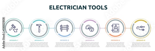 electrician tools concept infographic design template. included blacksmith, hammering, barricade, oil gauge, electrical panel, soldering iron icons and 6 option or steps.