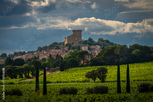 landscape and village of chateauneuf de pape , with vineyards and countryside ,provence ,vaucluse france .
