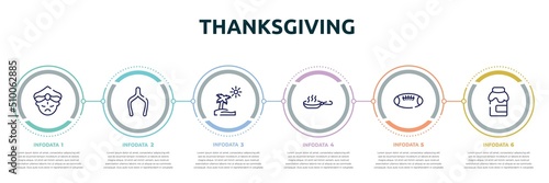 thanksgiving concept infographic design template. included maharaja, wishbone, pictures, pan, rugby ball, jam icons and 6 option or steps.