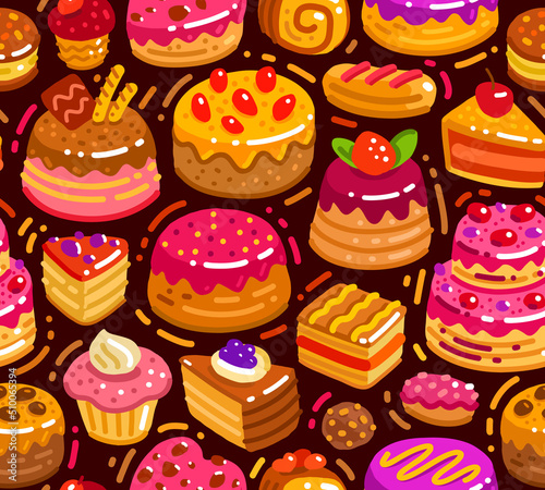 Sweet dessert seamless background. Confectionery, bakery concept bright pattern. Food cartoon vector illustration