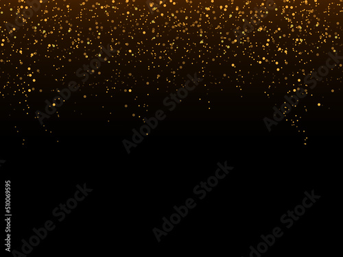 Golden glitter confetti falling on black vector background. Shining gold shimmer luxury design card