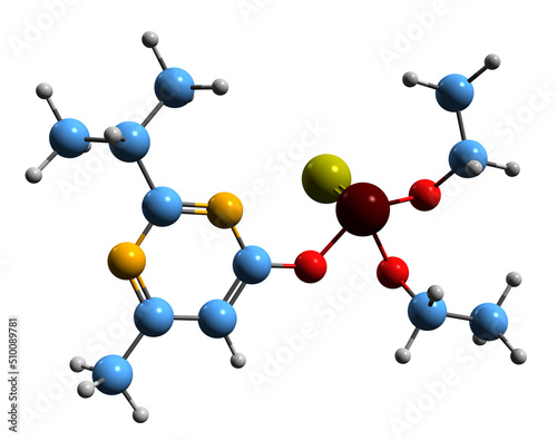 3D image of Diazinon skeletal formula - molecular chemical structure of insecticide Basudin isolated on white background 