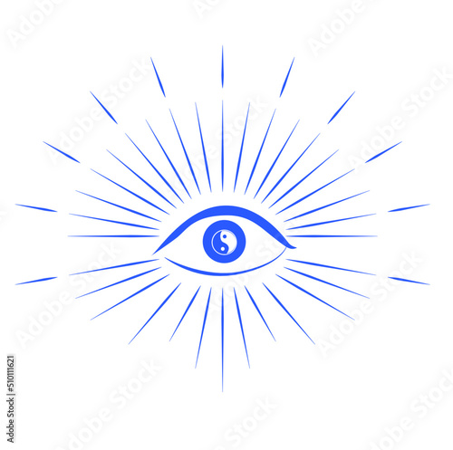 Eye with yin and yang in the rays illustration