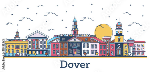 Outline Dover Delaware City Skyline with Colored Historic Buildings Isolated on White.