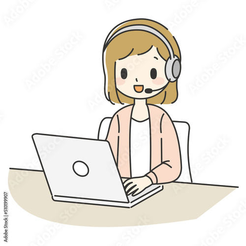 ノートパソコンでオンラインミーティングをする女性【上着】【ピンク】