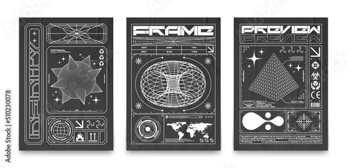 Posters with wireframe 3D torus, pyramids, and spheres with spikes. In techno style, prints for T-shirts, sweatshirts and hoodies. Isolated on black background