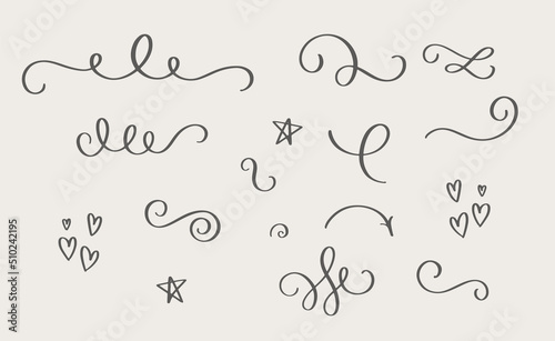 Swirls or scroll, vintage flourishes, stroke and curls. Swishes, swashes or swoops. Calligraphic line, wedding dividers text and calligraphy ornament ink vector design elements.