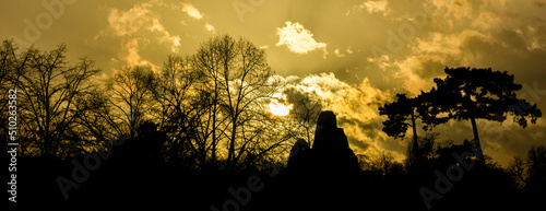 Paysage en ombre chinoise au crépuscule, ambiance de savane... le rocher du zoo de Vincennes