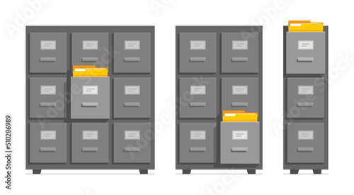 Filing cabinets. Office document file organisation. Flat style