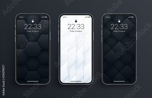 Vector Different Variations Black And White 3D Geometric Wallpaper Set On Photo Realistic Smart Phone Screen Isolated On Background. Various 3D Render Abstraction Vertical Smartphone Screensavers