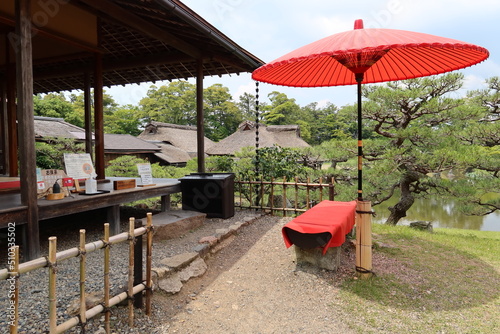 A scene of the teahouse of Genkyu-en Japanese Garden in Hikone-jyo Castle in Hikone City in Shiga Prefecture in Japan 日本の滋賀県彦根市にある彦根城の玄宮園の茶屋風景