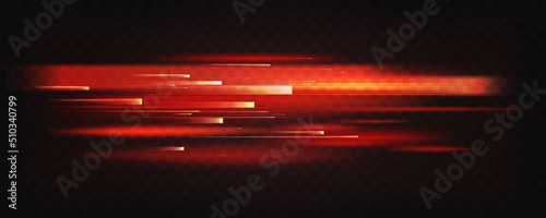 Fire red plazma motion neon lines, sparkle light effect vector illustration. Abstract blur of bright energy laser beams and color trails, dynamic speed shiny rays flow and shine on dark background