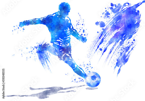 A soccer player and a soccer ball painted with watercolor splash effect 