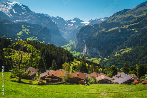 Houses on the slope with amazing view, Lauterbrunnen valley, Switzerland