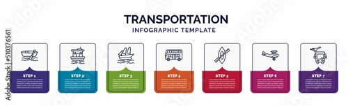 infographic template with icons and 7 options or steps. infographic for transportation concept. included dugout canoe, houseboat, schooner, double decker bus, rowing, crop duster, airport shuttle