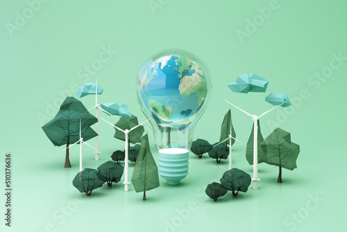 Clean energy concept on World Environment Day or International Day of Forests concept tree and earth globe on light bulb with windmill on pastel background. 3d rendering