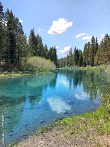 The view of Truckee river on a sunny summer day in North Lake Tahoe, California. Mountain river in Sierra Nevada. West coast vacation destinations. California roadtrip., squaw village, Tahoe city 