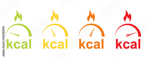 Kilocalories (kcal) icons with fat burn. Indicator burn fat from low to high. Scale with loss calorie.