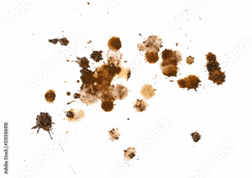 Wet mud, stains and drops texture isolated on white, top view and clipping path 