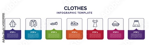 infographic template with icons and 7 options or steps. infographic for clothes concept. included nylon jacket, oxford wave blazer, leather shoes, platform sandals, chiffon dress, shutter