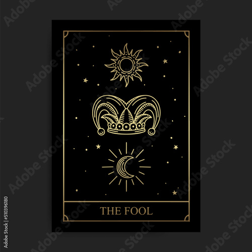 The fool magic major arcana tarot card in golden hand drawn style