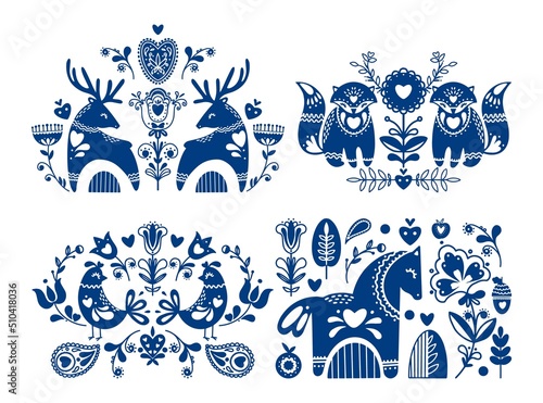 Vector set of folk motives and ornaments. National traditional ornaments with decorative animals, flowers and plants. Floral and animal folk compositions.