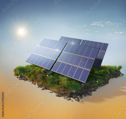 Solar panels on sky background. Solar power plant. Green electricity. 