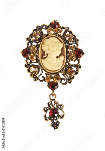 Vintage luxury cameo brooch with profile woman face and sparkling diamonds. Fashion antique glamour jewelry. 