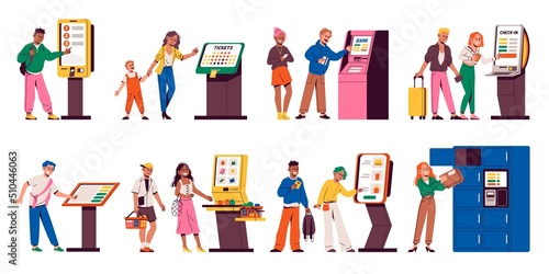 Ordering kiosks. People use public payment touchscreens, modern digital automatic services, tickets and food electronic orders and purchases, self-service atm, tidy vector cartoon flat set