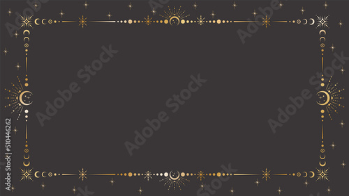 Vector mystic celestial golden frame with stars, moon phases, crescents, beams and a copy space. Ornate magical background with shiny corners. Banner with an elegant border and a place for text