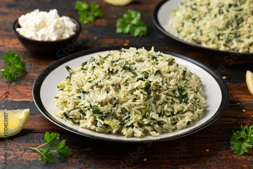 Spanakorizo, greek spinach rice. Healthy vegetarian food.