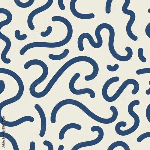 Blue squiggle seamless vector pattern. Navy color squiggly lines on an off white background. Cool, fun, creative, abstract wavy lines. Simple, minimal, repeat backdrop texture. 