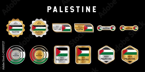 Made in Palestine Label, Stamp, Badge, or Logo. With The National Flag of Palestine. On platinum, gold, and silver colors. Premium and Luxury Emblem
